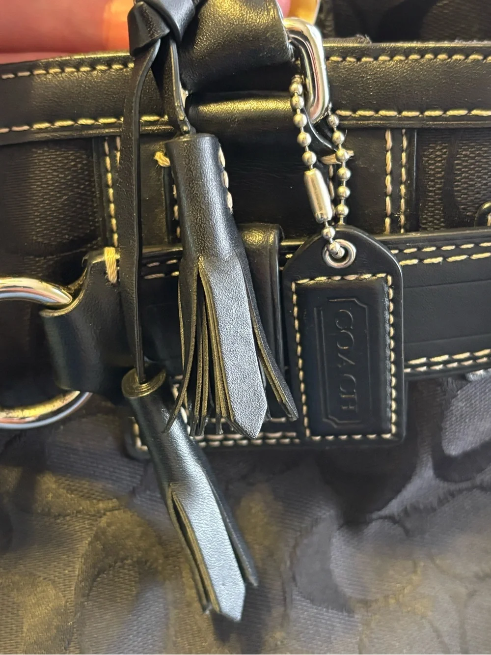 Vintage Coach Black Signature Leather/Canvas Satchel Bag with Silver Hardware